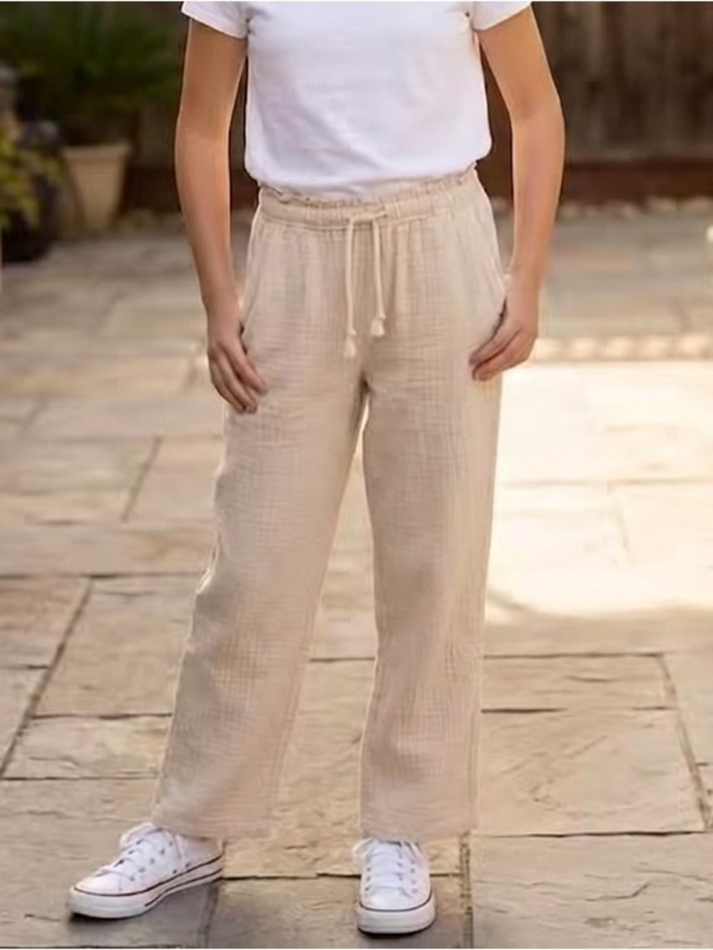Cat & Jack Girls Paperbag Waist Gauze Pants Beige Size 14